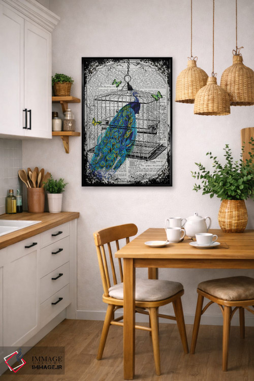 تابلو دکوراتیو یک طاووس در قفس پرنده اثر این د فریم شاپ - D5B