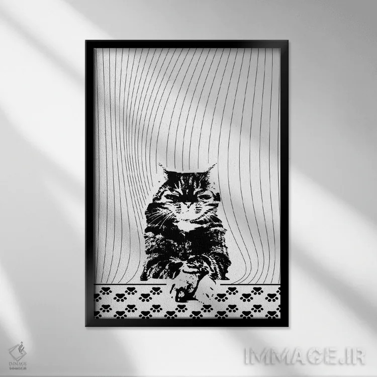 تابلو مینیمال گربه یک اثر ابراهیم اونال - نمای قابدار مشکی