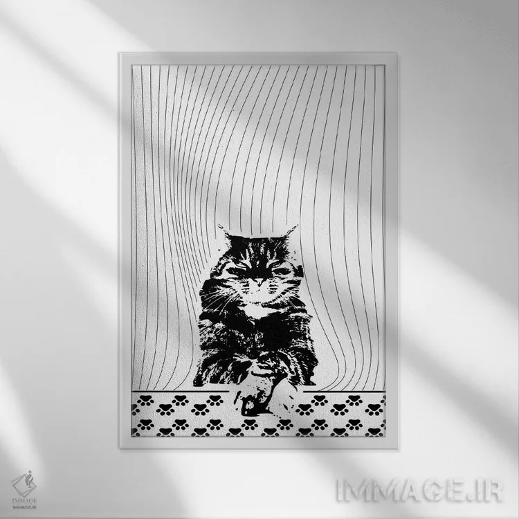 تابلو مینیمال گربه یک اثر ابراهیم اونال - نمای قابدار سفید