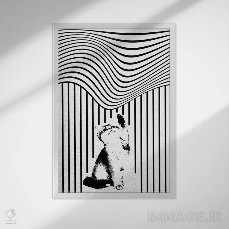 تابلو مینیمال گربه دو اثر ابراهیم اونال - نمای قابدار سفید
