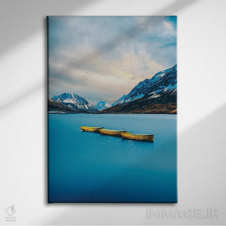 تابلو دکوراتیو قایق زرد روی دریاچه اثر ایوجنیا بیدیوک - نمای روبهرو روی دیوار