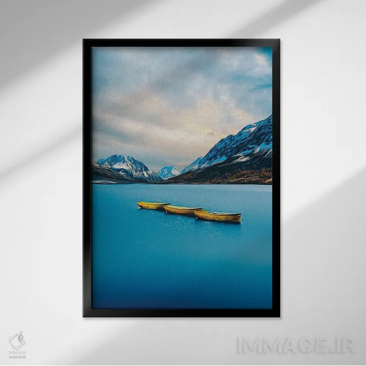 تابلو دکوراتیو قایق زرد روی دریاچه اثر ایوجنیا بیدیوک - نمای قابدار مشکی