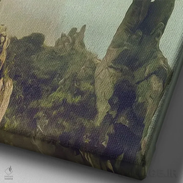 تابلو دکوراتیو یوفو بر فراز قله های کوهستانی اثر ایوجنیا بیدیوک - نمای نزدیک بافت بوم