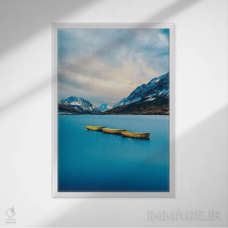 تابلو دکوراتیو قایق زرد روی دریاچه اثر ایوجنیا بیدیوک - نمای قابدار سفید