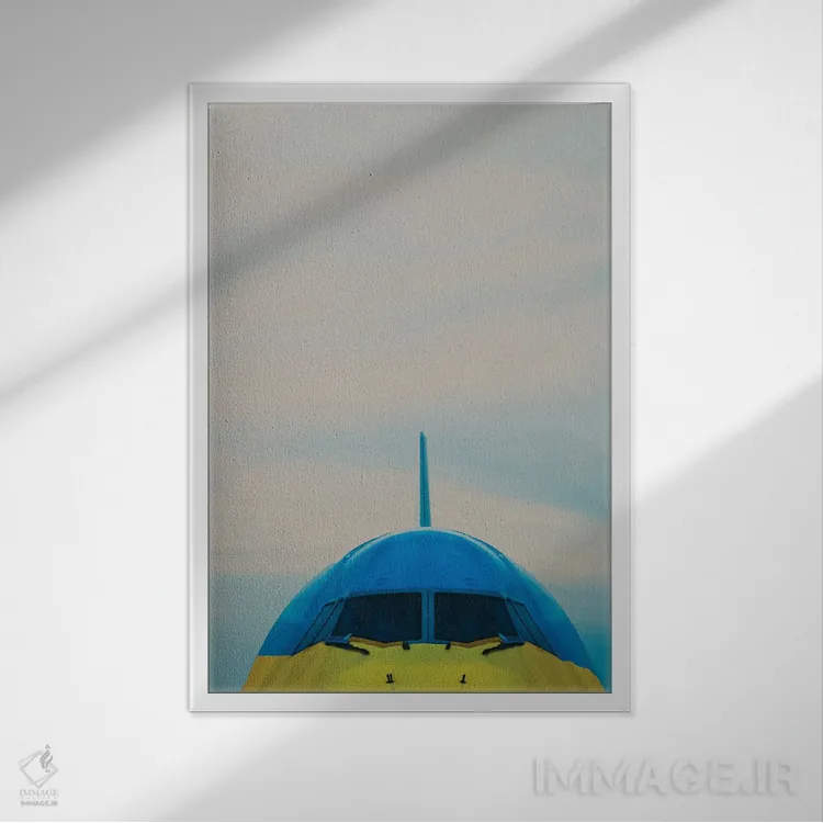 تابلو دکوراتیو کابین خلبان هواپیمای آبی و زرد اثر ایوجنیا بیدیوک - نمای قابدار سفید