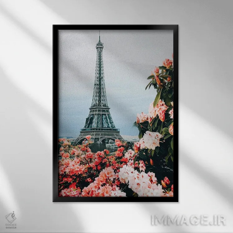 تابلو دکوراتیو رزها و آزالیای شکوفا در پاریس اثر ایوجنیا بیدیوک - نمای قابدار مشکی