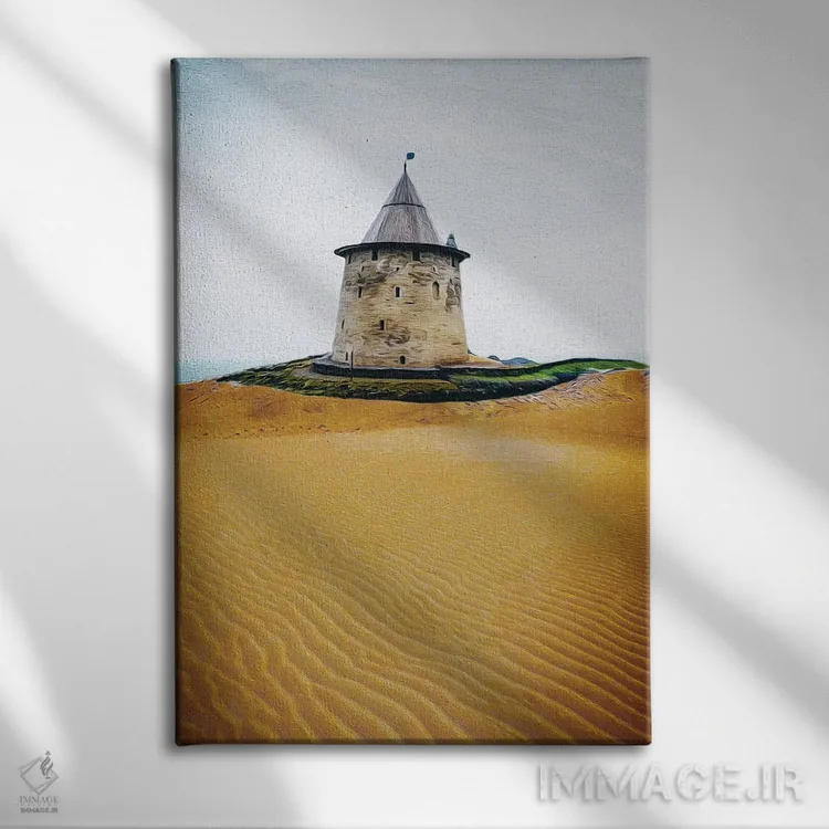 تابلو دکوراتیو برج قلعه در بیابان اثر ایوجنیا بیدیوک - نمای روبهرو روی دیوار
