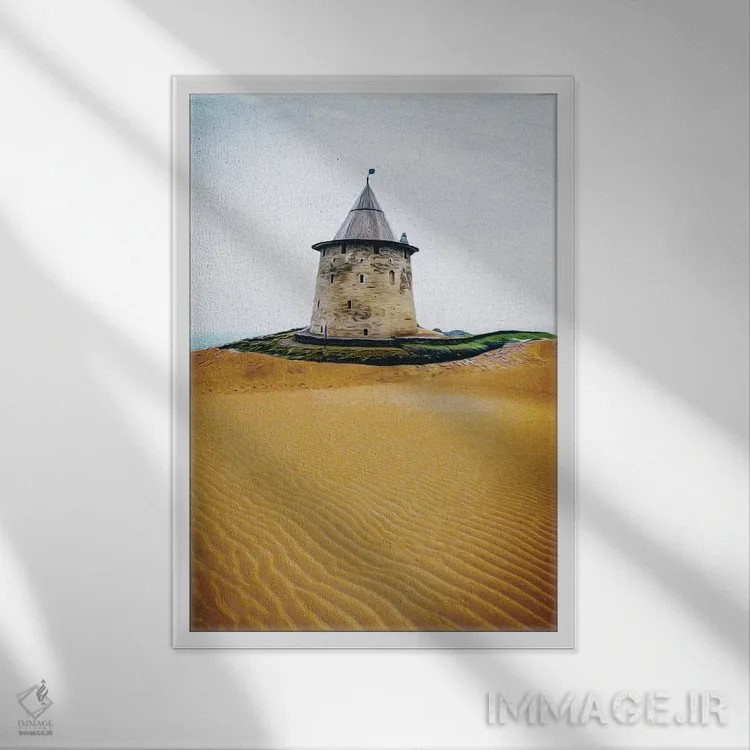 تابلو دکوراتیو برج قلعه در بیابان اثر ایوجنیا بیدیوک - نمای قابدار سفید