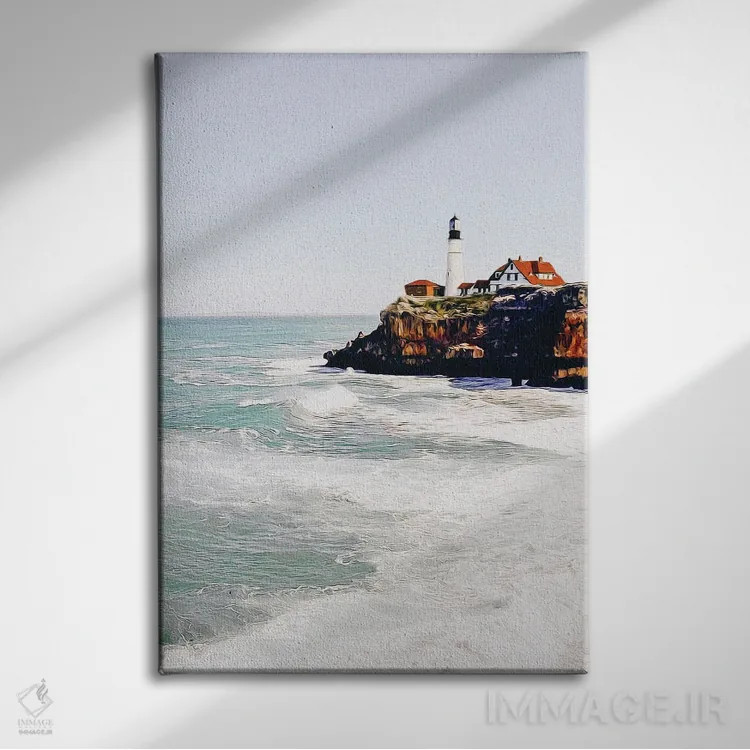 تابلو دکوراتیو فانوس دریایی روی ساحل صخره ای اثر ایوجنیا بیدیوک - نمای روبهرو روی دیوار