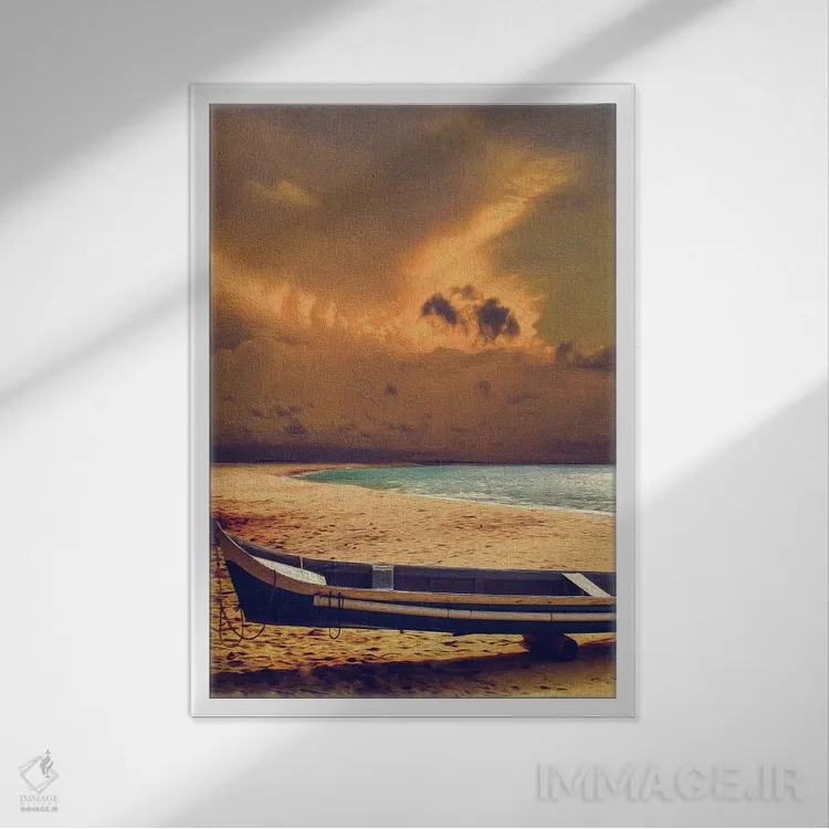 تابلو دکوراتیو قایق کانو در ساحل پیش از طوفان اثر ایوجنیا بیدیوک - نمای قابدار سفید