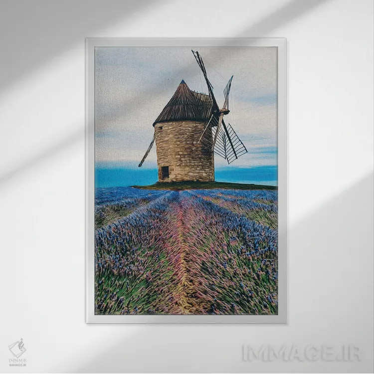 تابلو دکوراتیو مزرعه اسطوخودوس شکوفا در پس زمینه آسیاب قدیمی اثر ایوجنیا بیدیوک - نمای قابدار سفید