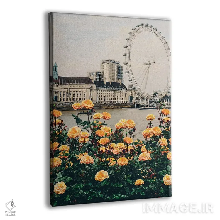 تابلو دکوراتیو گل رز هلوئی با پس زمینه لندن اثر ایوجنیا بیدیوک - نمای پرسپکتیو محصول
