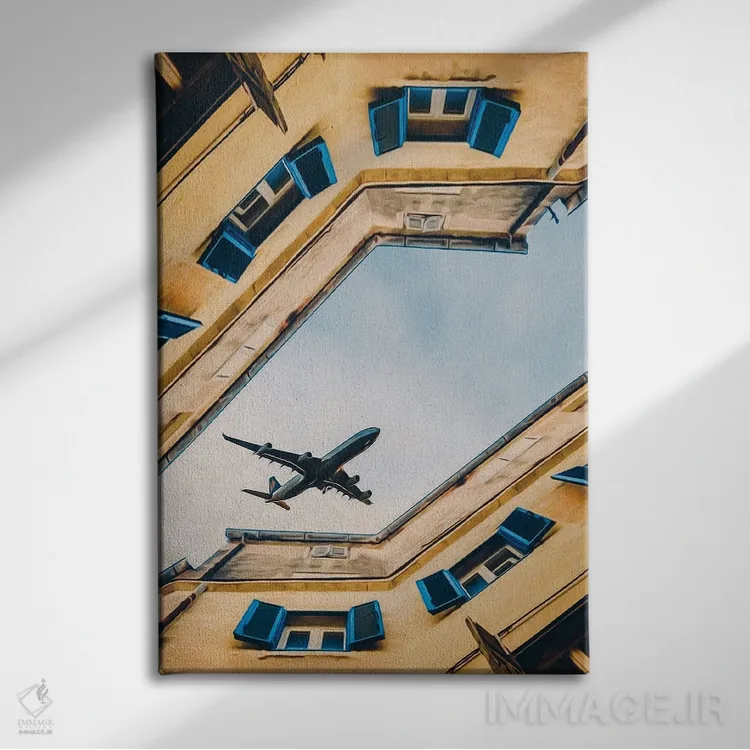 تابلو دکوراتیو هواپیمایی که بر فراز خانه های شهر قدیمی پرواز می کند اثر ایوجنیا بیدیوک - نمای روبهرو روی دیوار