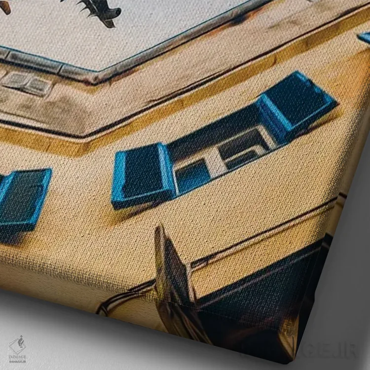 تابلو دکوراتیو هواپیمایی که بر فراز خانه های شهر قدیمی پرواز می کند اثر ایوجنیا بیدیوک - نمای نزدیک بافت بوم