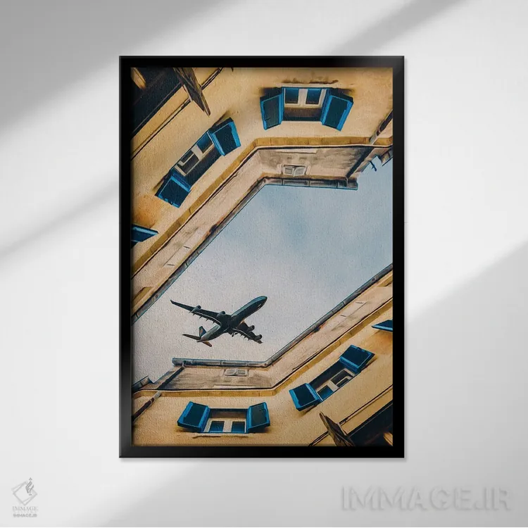 تابلو دکوراتیو هواپیمایی که بر فراز خانه های شهر قدیمی پرواز می کند اثر ایوجنیا بیدیوک - نمای قابدار مشکی