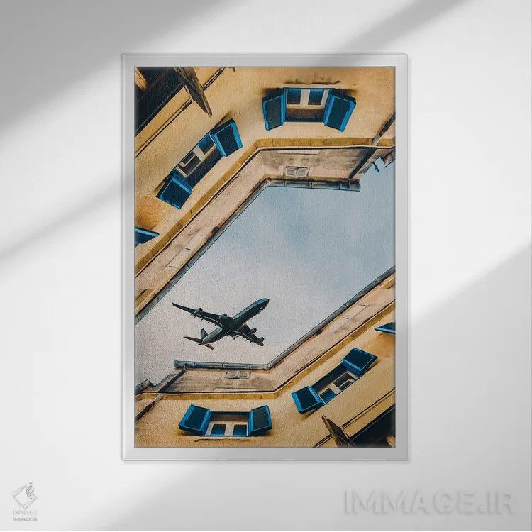 تابلو دکوراتیو هواپیمایی که بر فراز خانه های شهر قدیمی پرواز می کند اثر ایوجنیا بیدیوک - نمای قابدار سفید