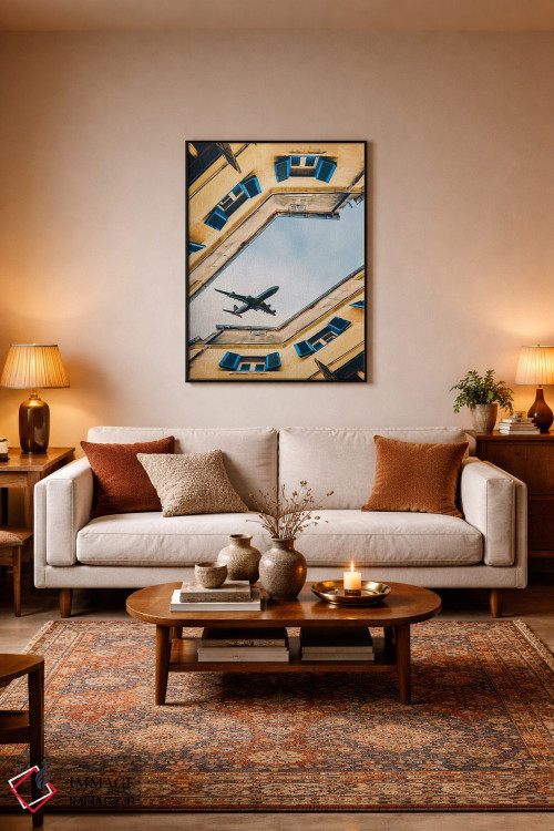 تابلو دکوراتیو هواپیمایی که بر فراز خانه های شهر قدیمی پرواز می کند اثر ایوجنیا بیدیوک - D4B