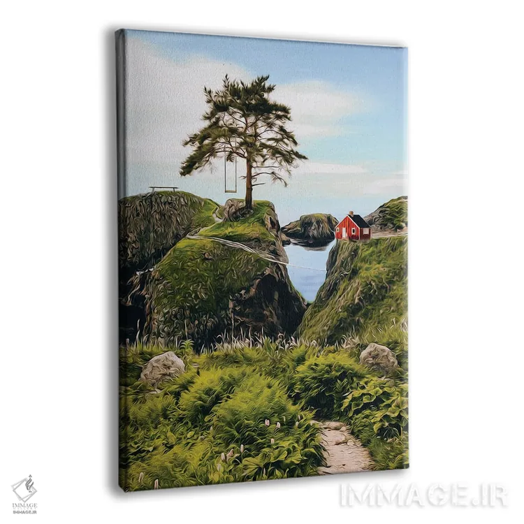 تابلو دکوراتیو منظره ای از خانه ای روی تپه و درختی با تاب اثر ایوجنیا بیدیوک - نمای پرسپکتیو محصول