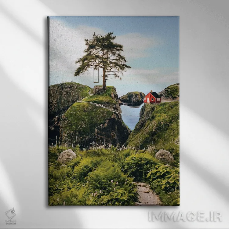 تابلو دکوراتیو منظره ای از خانه ای روی تپه و درختی با تاب اثر ایوجنیا بیدیوک - نمای روبهرو روی دیوار
