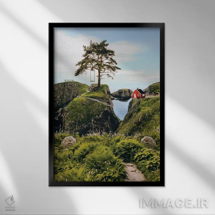 تابلو دکوراتیو منظره ای از خانه ای روی تپه و درختی با تاب اثر ایوجنیا بیدیوک - نمای قابدار مشکی
