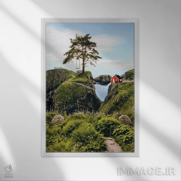 تابلو دکوراتیو منظره ای از خانه ای روی تپه و درختی با تاب اثر ایوجنیا بیدیوک - نمای قابدار سفید