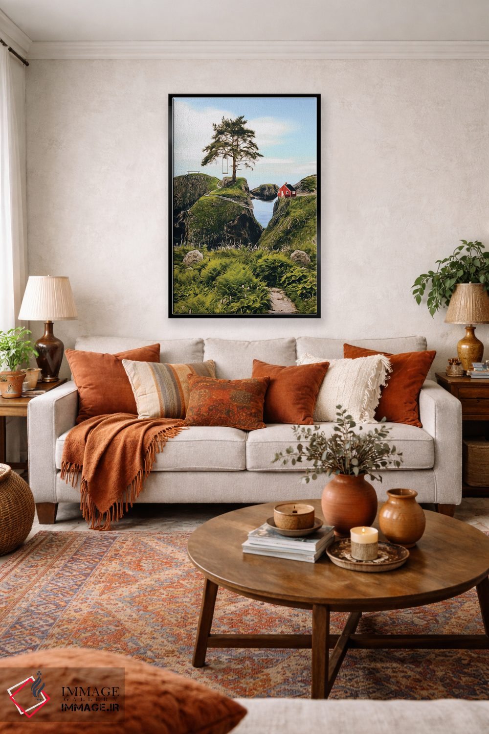 تابلو دکوراتیو منظره ای از خانه ای روی تپه و درختی با تاب اثر ایوجنیا بیدیوک - D4B
