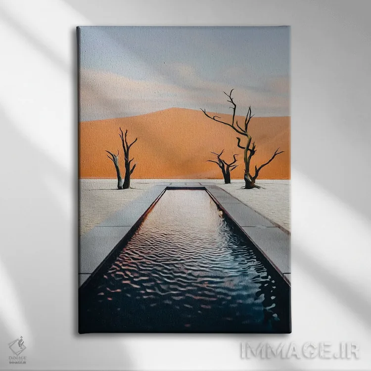 تابلو دکوراتیو استخر در بیابان اثر ایوجنیا بیدیوک - نمای روبهرو روی دیوار