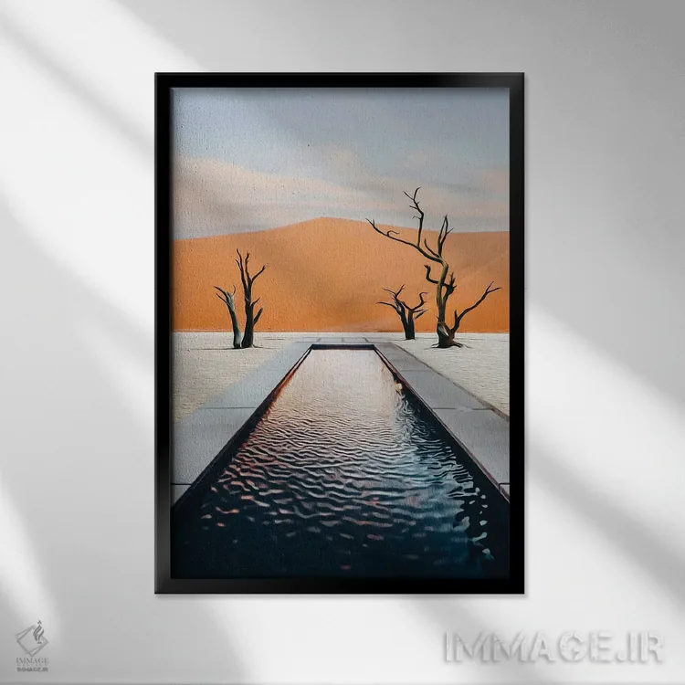 تابلو دکوراتیو استخر در بیابان اثر ایوجنیا بیدیوک - نمای قابدار مشکی