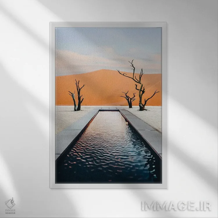 تابلو دکوراتیو استخر در بیابان اثر ایوجنیا بیدیوک - نمای قابدار سفید