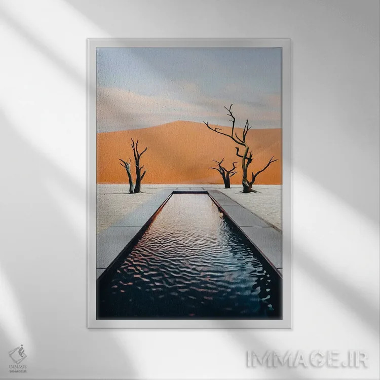 تابلو دکوراتیو استخر در بیابان اثر ایوجنیا بیدیوک - نمای قابدار سفید