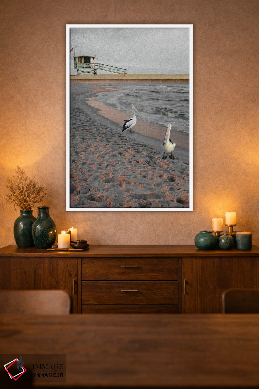 تابلو دکوراتیو دو پلیکان روی ساحل شنی در غروب آفتاب اثر ایوجنیا بیدیوک - D1W