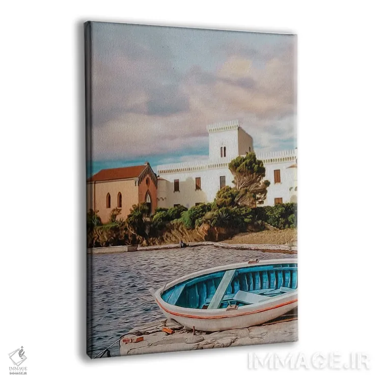 تابلو دکوراتیو قایق چوبی در ساحل نزدیک شهر قدیمی اثر ایوجنیا بیدیوک - نمای پرسپکتیو محصول