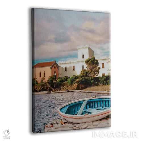 تابلو دکوراتیو قایق چوبی در ساحل نزدیک شهر قدیمی اثر ایوجنیا بیدیوک - نمای پرسپکتیو محصول