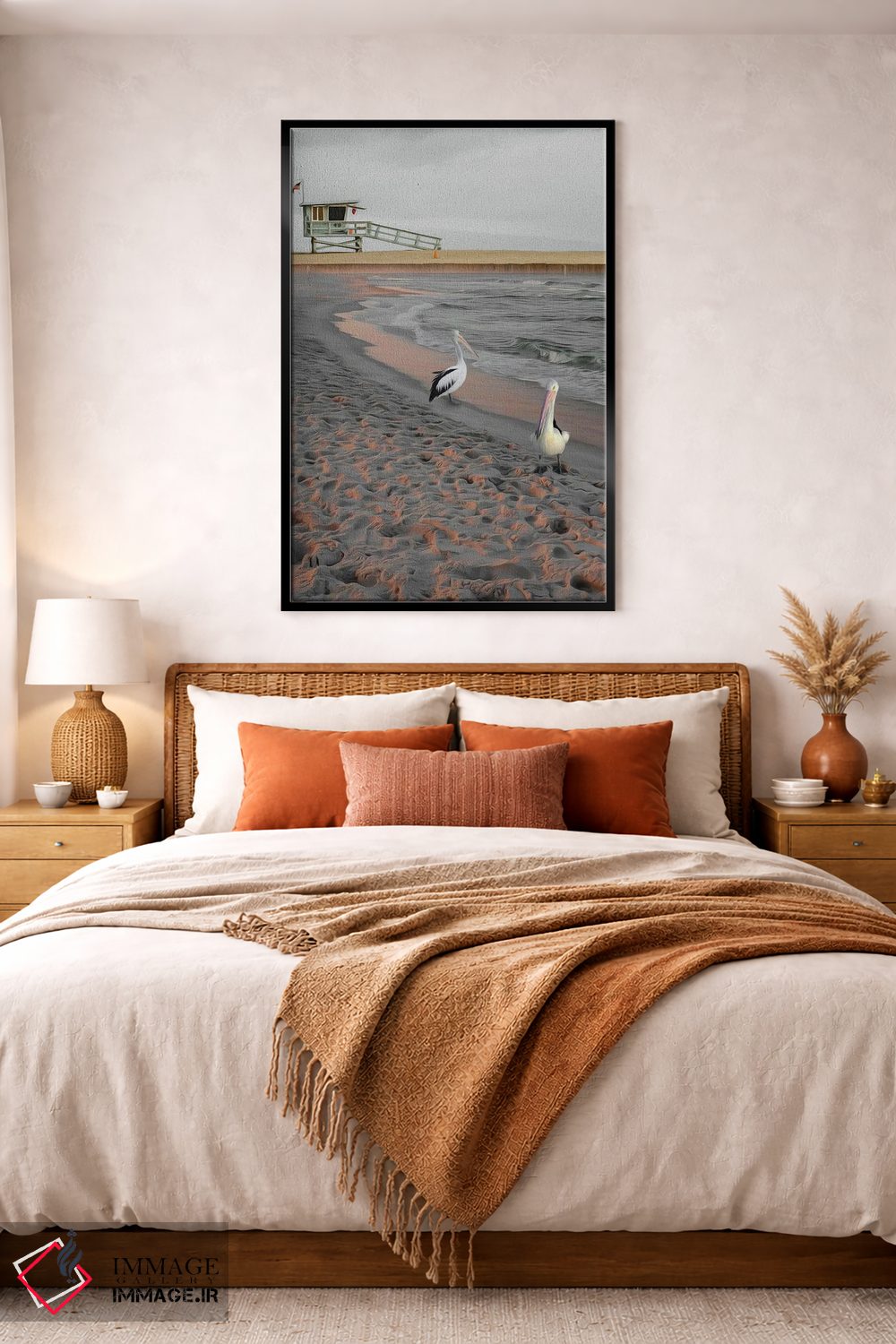 تابلو دکوراتیو دو پلیکان روی ساحل شنی در غروب آفتاب اثر ایوجنیا بیدیوک - D4B