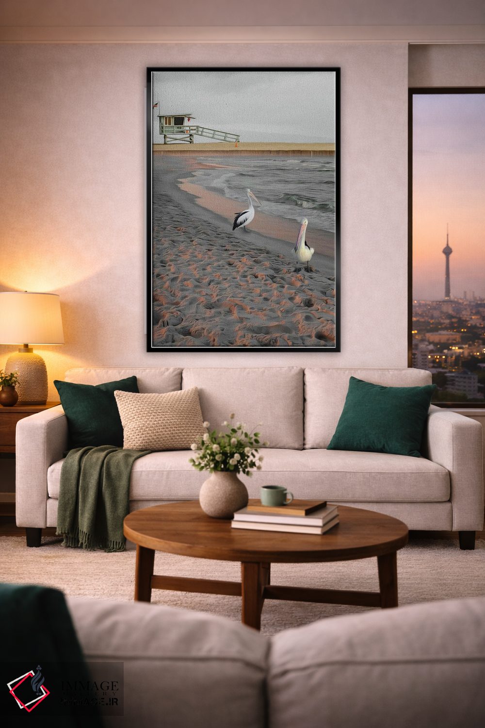 تابلو دکوراتیو دو پلیکان روی ساحل شنی در غروب آفتاب اثر ایوجنیا بیدیوک - D2B