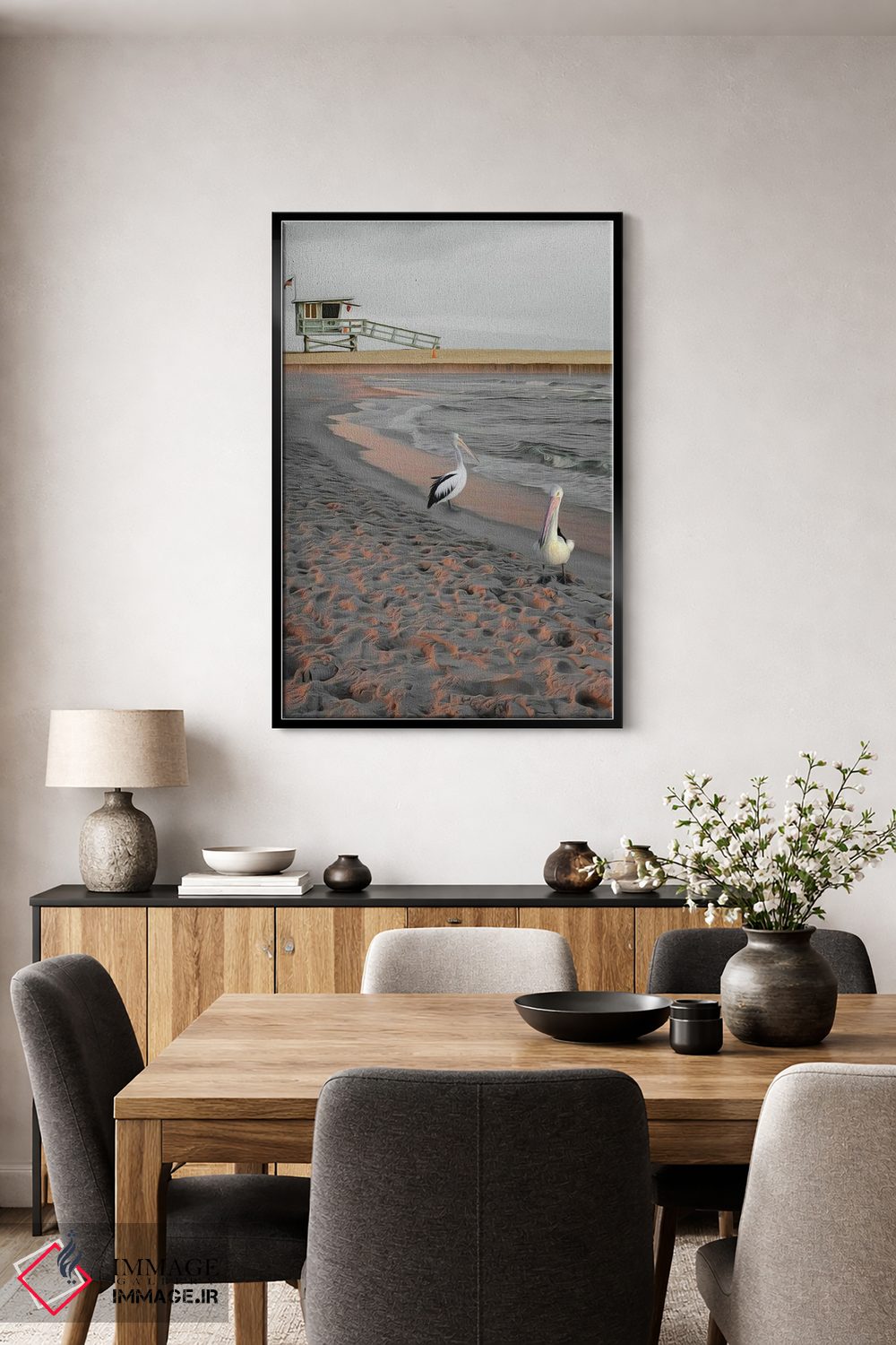 تابلو دکوراتیو دو پلیکان روی ساحل شنی در غروب آفتاب اثر ایوجنیا بیدیوک - D5B