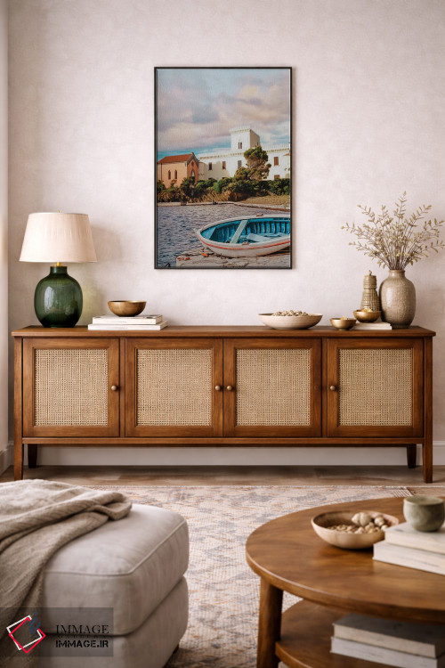 تابلو دکوراتیو قایق چوبی در ساحل نزدیک شهر قدیمی اثر ایوجنیا بیدیوک - D3B