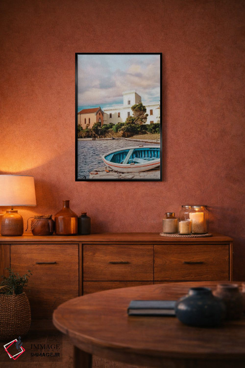 تابلو دکوراتیو قایق چوبی در ساحل نزدیک شهر قدیمی اثر ایوجنیا بیدیوک - D5B
