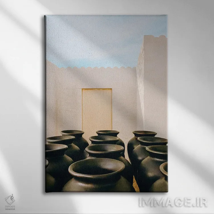 تابلو دکوراتیو کوزه های روغن در فضای باز بیرون از خانه اثر ایوجنیا بیدیوک - نمای روبهرو روی دیوار