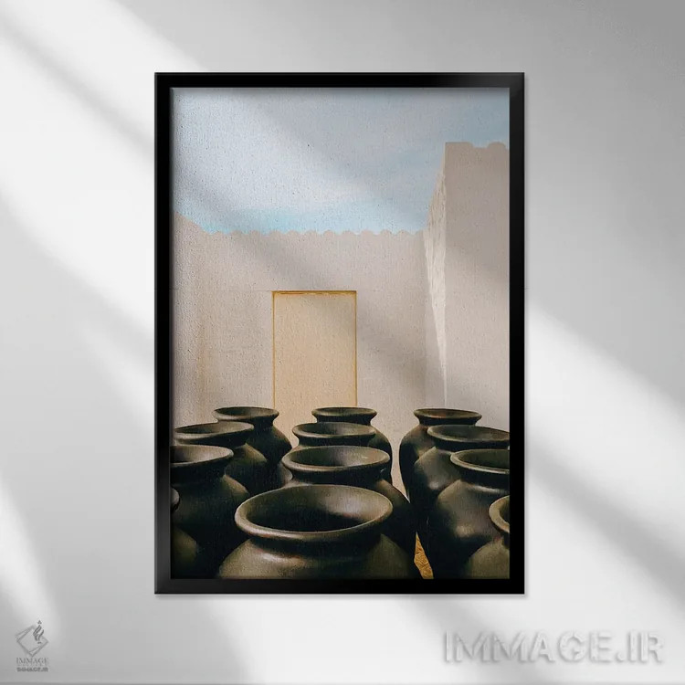 تابلو دکوراتیو کوزه های روغن در فضای باز بیرون از خانه اثر ایوجنیا بیدیوک - نمای قابدار مشکی