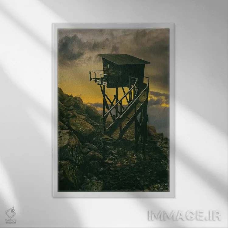 تابلو دکوراتیو کلبه چوبی روی پایه در کوهستان اثر ایوجنیا بیدیوک - نمای قابدار سفید
