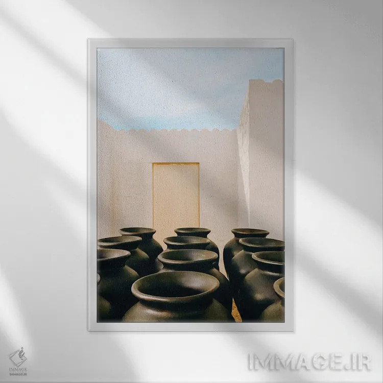 تابلو دکوراتیو کوزه های روغن در فضای باز بیرون از خانه اثر ایوجنیا بیدیوک - نمای قابدار سفید
