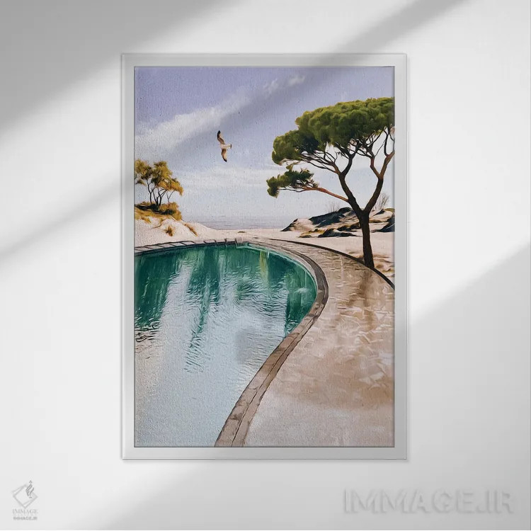 تابلو دکوراتیو استخر با چشم انداز به اقیانوس اثر ایوجنیا بیدیوک - نمای قابدار سفید