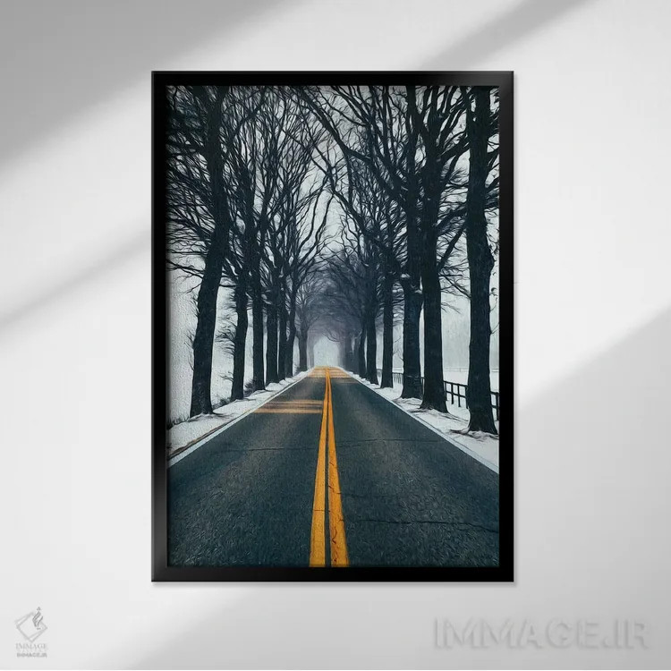تابلو دکوراتیو مسیر برفی در میان تونل درختان اثر ایوجنیا بیدیوک - نمای قابدار مشکی