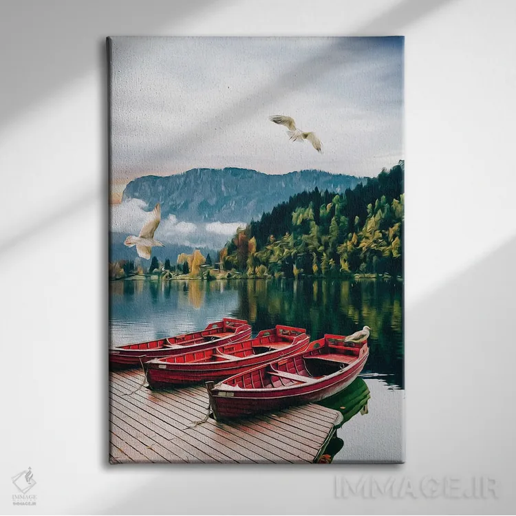 تابلو دکوراتیو قایق چوبی در اسکله با پس زمینه دریاچه بکر اثر ایوجنیا بیدیوک - نمای روبهرو روی دیوار
