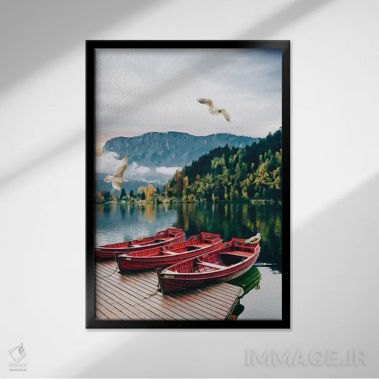 تابلو دکوراتیو قایق چوبی در اسکله با پس زمینه دریاچه بکر اثر ایوجنیا بیدیوک - نمای قابدار مشکی