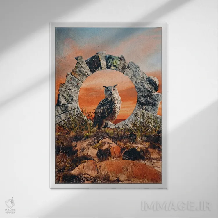 تابلو دکوراتیو جغدی در مرکز طاق سنگی با پس زمینه حیات وحش اثر ایوجنیا بیدیوک - نمای قابدار سفید