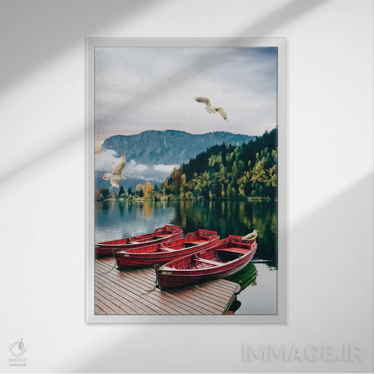 تابلو دکوراتیو قایق چوبی در اسکله با پس زمینه دریاچه بکر اثر ایوجنیا بیدیوک - نمای قابدار سفید