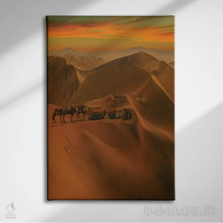 تابلو دکوراتیو کاروان در بیابان اثر ایوجنیا بیدیوک - نمای روبهرو روی دیوار