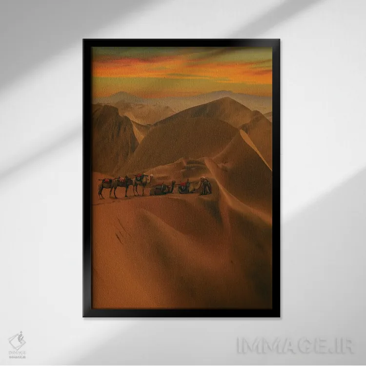 تابلو دکوراتیو کاروان در بیابان اثر ایوجنیا بیدیوک - نمای قابدار مشکی
